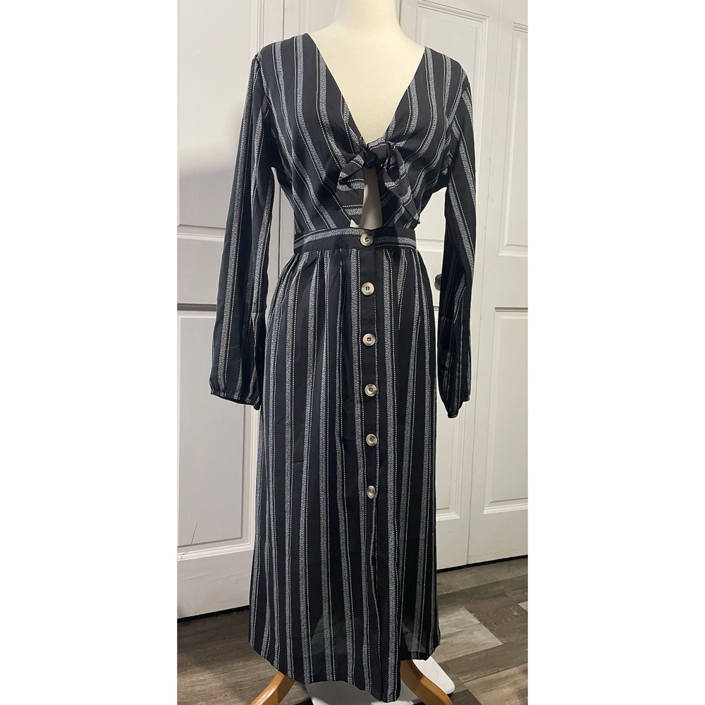 Mimi Chica Black White Stripe Maxi Dress Tie Front Cutout Buttons Belted Long‎ M